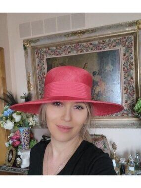 GALANOS Vintage Red Straw Wide Brim Hat Designer Breton Style Statement Hat